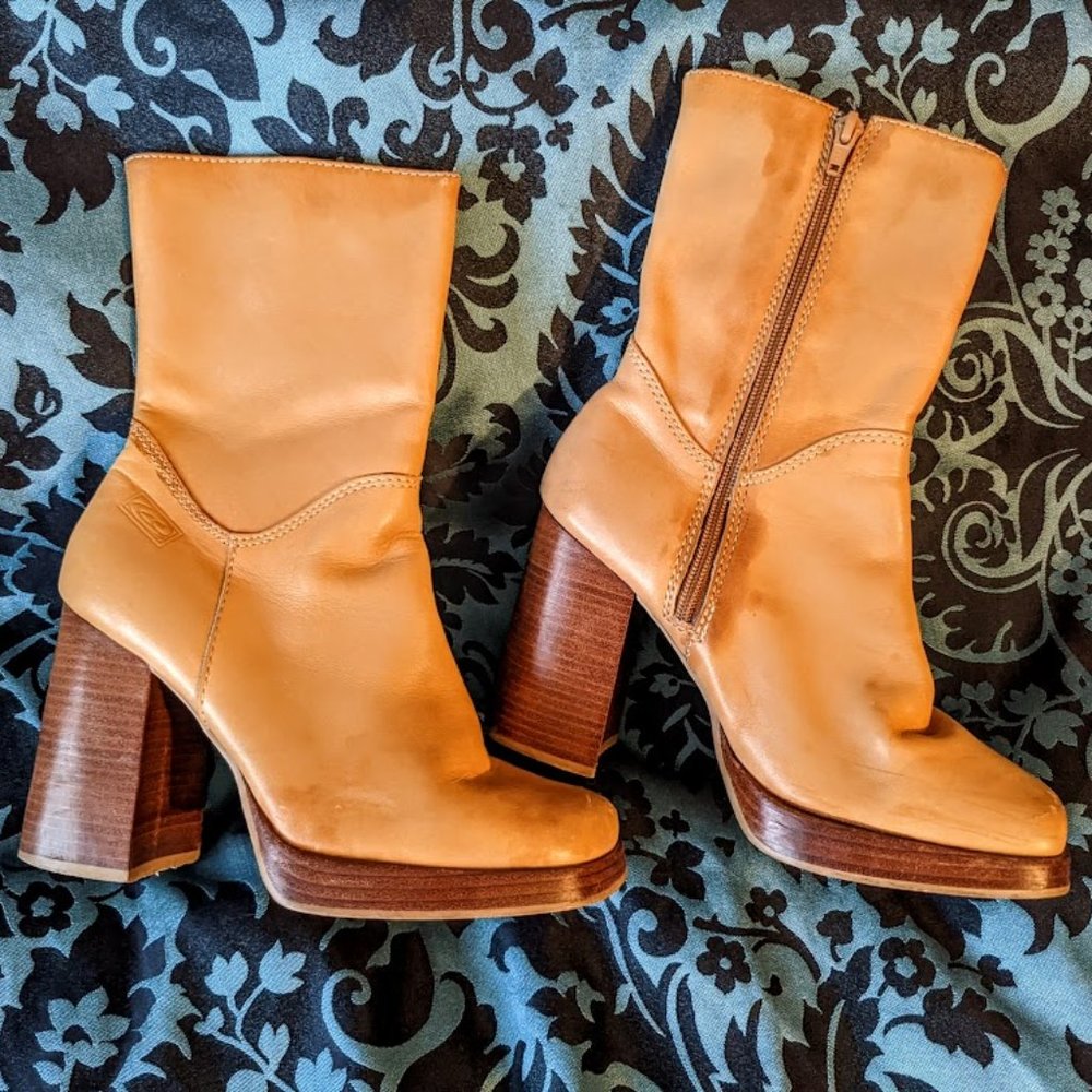 70's-style Retro Candie's Square-toe Tan Leather Block-heel Mid-calf Boots Sz 8M